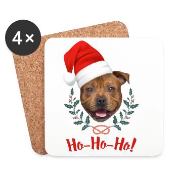 Tête de staffie rouge avec bonnet de père Noël - Dessous de verre (lot de 4) - blanc - Devant
