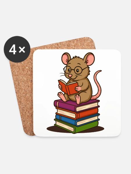 Leseratte mit Brille und Bücherstapel - Untersetzer (4er-Set) - Weiß