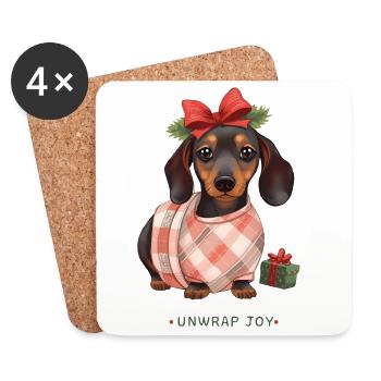 Unwrap joy - Weihnachtlicher Dackel als Geschenk  - Untersetzer (4er-Set) - Weiß - Vorne