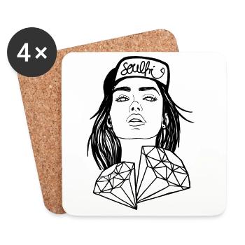 Femme avec des diamants – Dessin au trait Portrait soulfri - Dessous de verre (lot de 4) - blanc - Devant