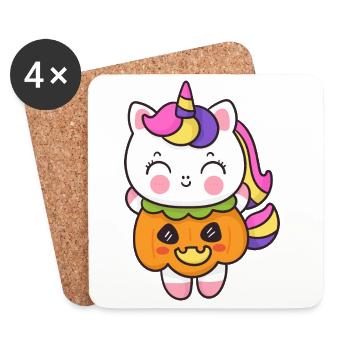 T-shirt d’Halloween citrouille licorne kawaii - Dessous de verre (lot de 4) - blanc - Devant