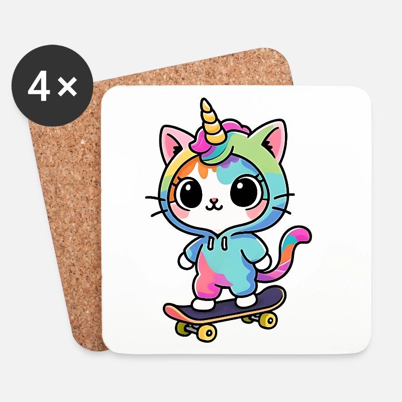 Regenbogen Einhorn Katze Schlittschuh - Untersetzer (4er-Set) - Weiß
