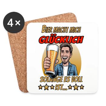 Motif de bande animée Beer Happiness avec verre - Dessous de verre (lot de 4) - blanc - Devant