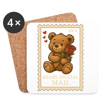 Valentine's Day Stamp Teddy Bear with Rose Motif - Coasters (set of 4) - white - Front