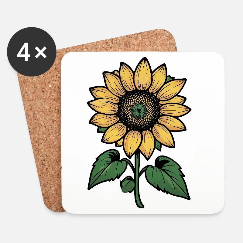 Sonnenblume Linienzeichnung - Untersetzer (4er-Set) - Weiß