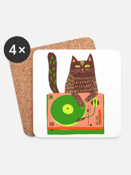 Katzen-DJ auf Neon-Plattenspieler - Untersetzer (4er-Set) - Weiß