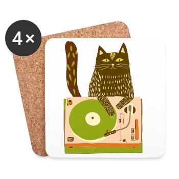 Katzen-DJ auf Plattenspieler - Untersetzer (4er-Set) - Weiß - Vorne