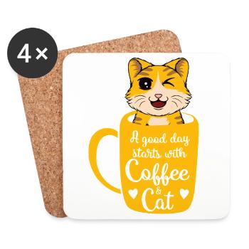 Bonjour café chat - Dessous de verre (lot de 4) - blanc - Devant