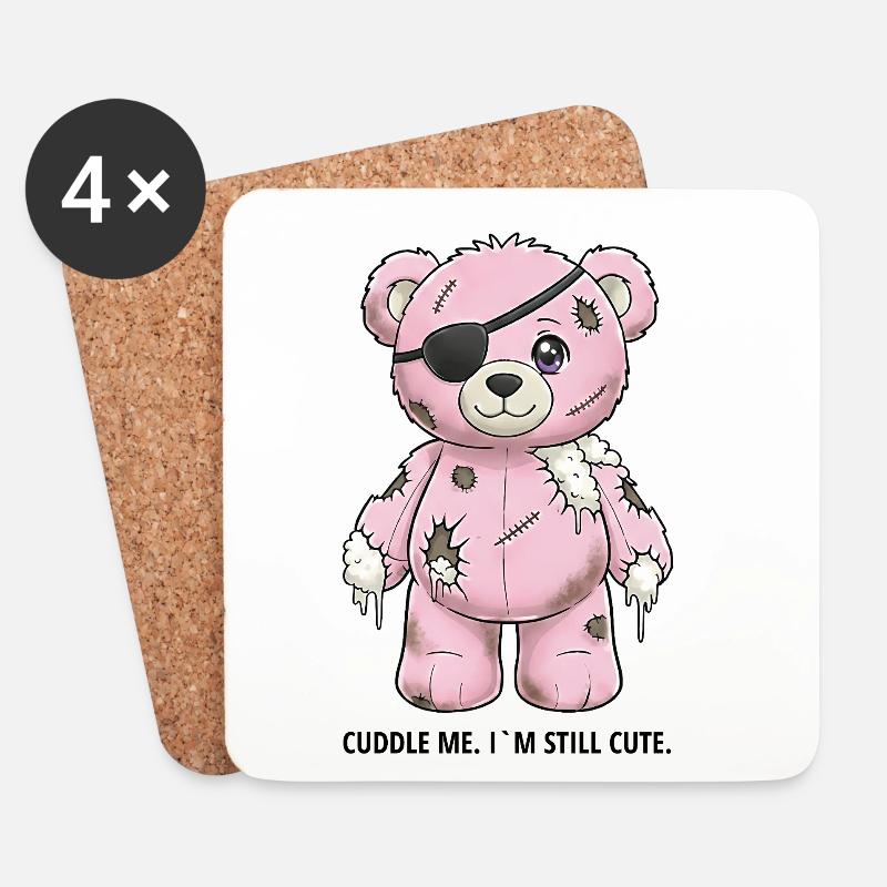 Patchwork Pinker Teddybär mit Augenklappe - Untersetzer (4er-Set) - Weiß