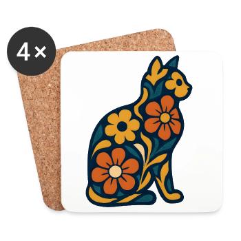Chat fleur populaire dans un motif floral - Dessous de verre (lot de 4) - blanc - Devant