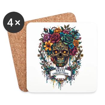 Totenkopf und Blumen Totenschädel Gothic Rock - Untersetzer (4er-Set) - Weiß - Vorne