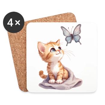 Kawaii Curious Chatten et Papillon 🐱🦋 - Dessous de verre (lot de 4) - blanc - Devant