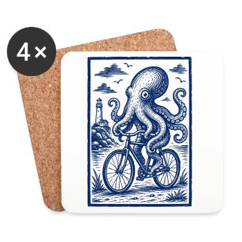 Oktopus auf Fahrrad maritime Illustration - Untersetzer (4er-Set) - Weiß - Vorne