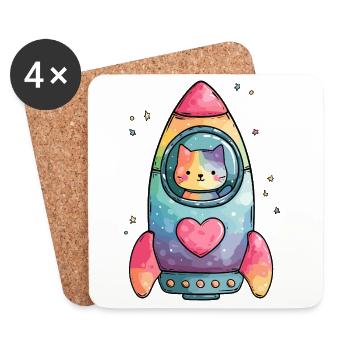 Rainbow Rocket Cat Heart - Coasters (set of 4) - white - Front