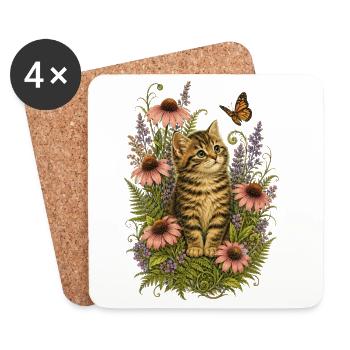 Floral Kitten in Bloom - Coasters (set of 4) - white - Front