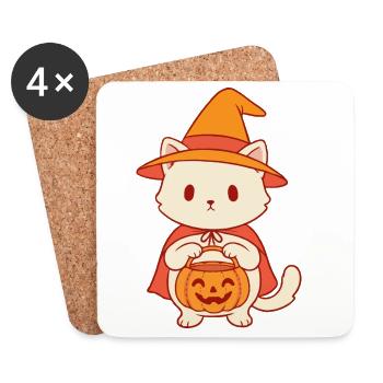 Kätzchen im Halloween Hexenhut - Untersetzer (4er-Set) - Weiß - Vorne