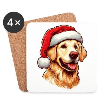 Golden Retriever portant le chapeau du Père Noël - Dessous de verre (lot de 4) - blanc - Devant