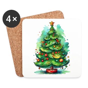 Noël - Arbre de Noël Illustration à l’aquarelle - Dessous de verre (lot de 4) - blanc - Devant