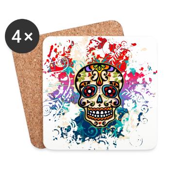 Bunter Totenkopf, Mexiko Tag der Toten Sugar Skull - Untersetzer (4er-Set) - Weiß - Vorne