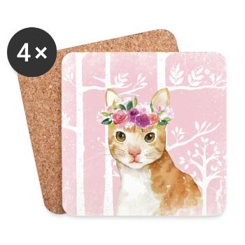 Forest friends in the pink fairytale forest - The cat - Coasters (set of 4) - white - Front