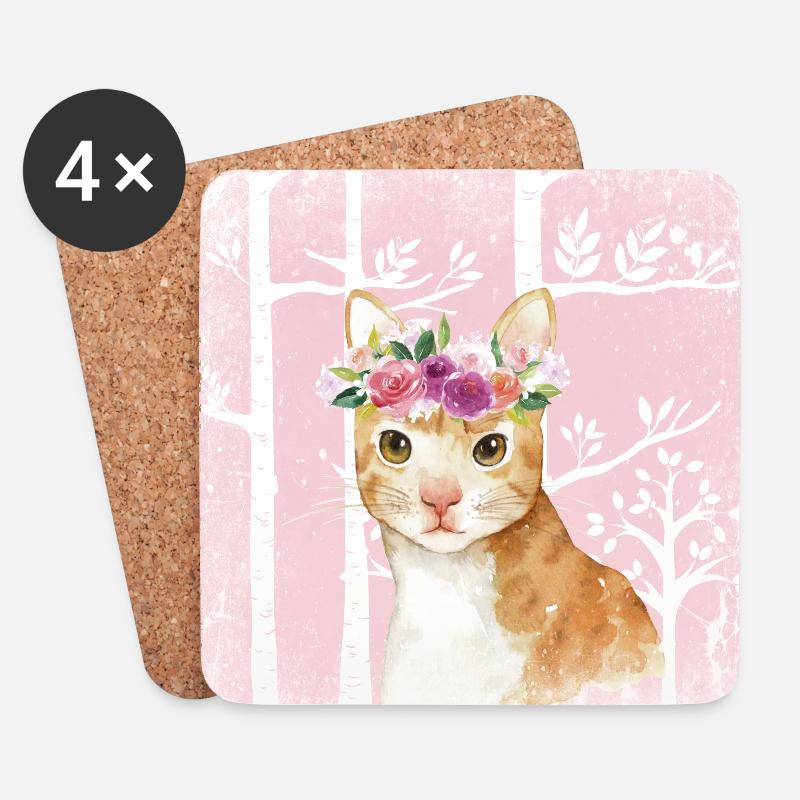 Wald Freunde im Rosa Märchenwald - Die Katze - Untersetzer (4er-Set) - Weiß