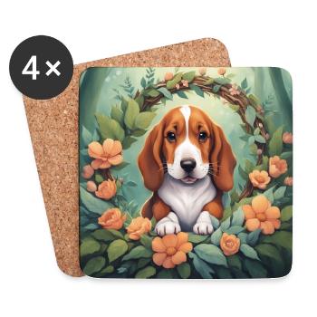 Mignon Kawaii bébé Basset Hound Floral - Dessous de verre (lot de 4) - blanc - Devant