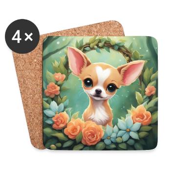 Mignon Kawaii bébé Chihuahua Floral - Dessous de verre (lot de 4) - blanc - Devant