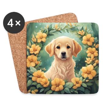 Mignon Kawaii bébé Golden Retriever Floral - Dessous de verre (lot de 4) - blanc - Devant
