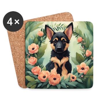 Mignon Kawaii bébé berger allemand Floral - Dessous de verre (lot de 4) - blanc - Devant