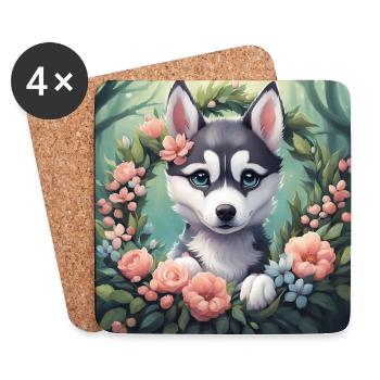Niedliche Kawaii Baby Husky Blumen - Untersetzer (4er-Set) - Weiß - Vorne