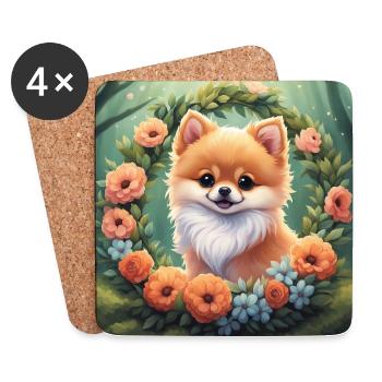 Cute Kawaii Baby Pomeranian Floral - Coasters (set of 4) - white - Front