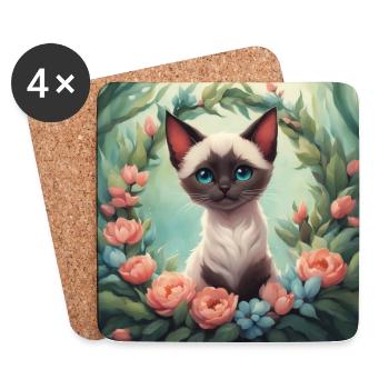 Mignon Kawaii bébé chat siamois Floral - Dessous de verre (lot de 4) - blanc - Devant