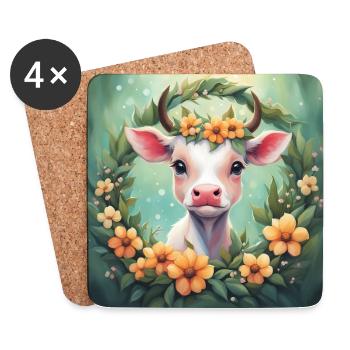 Mignon Kawaii Bébé Vache Floral - Dessous de verre (lot de 4) - blanc - Devant