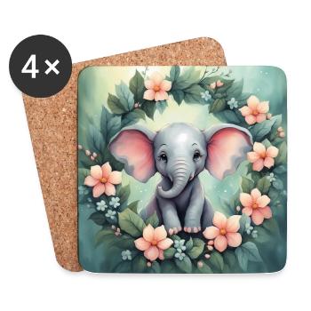 Niedliches Kawaii Baby Elefant Blumen - Untersetzer (4er-Set) - Weiß - Vorne