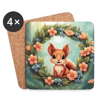 Niedliche Kawaii Baby Eichhörnchen Blumen - Untersetzer (4er-Set) - Weiß - Vorne