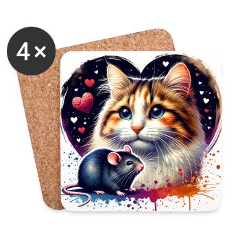 Le chat et la souris dans l’amitié, la paix et l’amour - Dessous de verre (lot de 4) - blanc - Devant