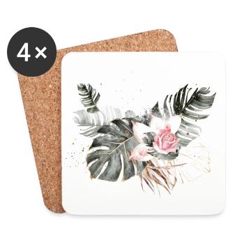 Palmblätter mit rosafarbener Rose - Untersetzer (4er-Set) - Weiß - Vorne