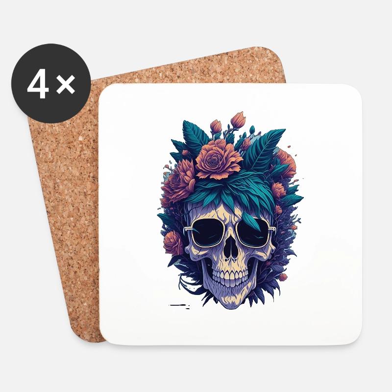 Floral Skull Splashdown: Toter Schädel - Untersetzer (4er-Set) - Weiß