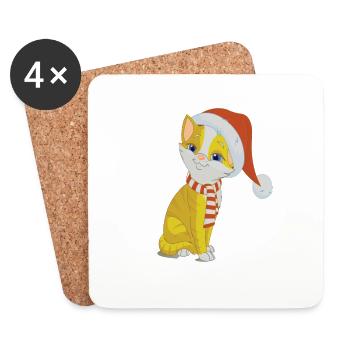 Chat de Noël jaune avec bonnet & écharpe - Dessous de verre (lot de 4) - blanc - Devant