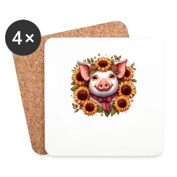 Pig with bow and sunflowers - Coasters (set of 4) - white - Front