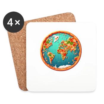Carte du monde sur pizza - Dessous de verre (lot de 4) - blanc - Devant
