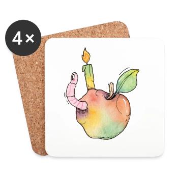 süßer Apfel mit Geburtstagskerze und Regenwurm - Untersetzer (4er-Set) - Weiß - Vorne