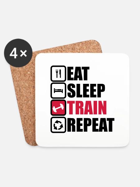eat sleep train repeat bodybuilding gym - Coasters (set of 4) - white