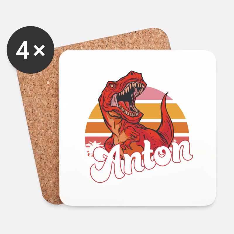 ANTON - Schöner Jungen Name mit T-REX Dino - Untersetzer (4er-Set) - Weiß