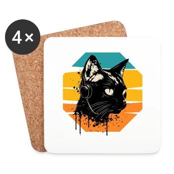 Chat portant des écouteurs | chat portant des écouteurs - Dessous de verre (lot de 4) - blanc - Devant