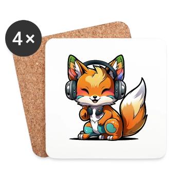 Kawaii Süßer Fröhlicher Bunter Fuchs mit Kopfhörern - Untersetzer (4er-Set) - Weiß - Vorne
