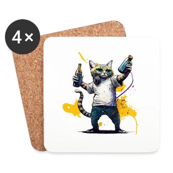 Chat cool avec des écouteurs et de la bière - Dessous de verre (lot de 4) - blanc - Devant