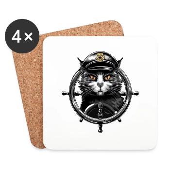 Cat Captain at the Steering Wheel - Maritime Animal Design - Coasters (set of 4) - white - Front