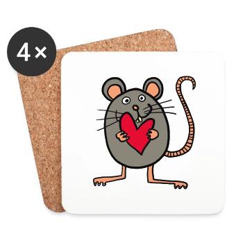 Souris avec cœur - Dessous de verre (lot de 4) - blanc - Devant