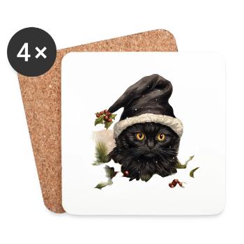Schwarze Katze mit Weihnachtsmütze, T-Shirt, Tasse - Untersetzer (4er-Set) - Weiß - Vorne